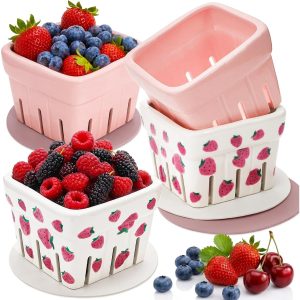 Pumtus 4-Pack Ceramic Berry Baskets with Holes & Pads